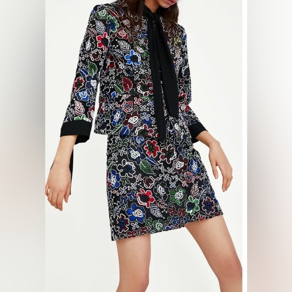 Zara Jackets & Blazers - ZARA BASICS SET-Embroidered floral jacket and skirt set
